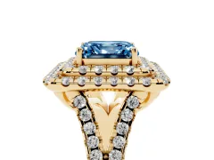 Fancy Blue Asscher Cut Diamond Double Halo Ring Set in Yellow gold with Pavé Split Shank and Prong Setting
