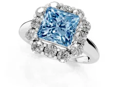 Fancy Blue Princess Cut Diamond Milgrain Halo Solitaire Ring Set in Platinum with Bezel Set Side Stones and Pavé Band