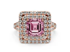 Fancy Pink Asscher Cut Diamond Double Halo Ring Set in Rose gold with Pavé Split Shank and Prong Setting