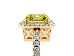 Fancy Yellow Asscher Cut Diamond Halo Ring Set in Yellow gold with Pavé Shoulders and Halo-Framed Center