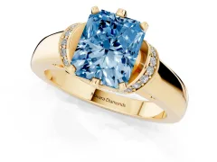 Fancy Blue Radiant Cut Diamond Pavé Band Solitaire Ring Set in Yellow gold with Prong Setting