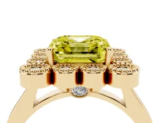 Fancy Yellow Asscher Cut Diamond Cluster Halo Ring Set in Yellow gold with Milgrain Bezel Accents and Plain Band