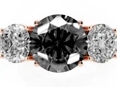 Fancy Black Round Cut Diamond Three-Stone Engagement Ring Set in Rose gold with Milgrain Pavé Band