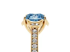 Fancy Blue Princess Cut Diamond Halo Ring Set in Yellow gold with Channel Set Band and Prong Setting