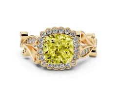 Fancy Yellow Cushion Cut Diamond Halo Ring Set in Yellow gold with Leaf Motif Split Shank and Prong Setting