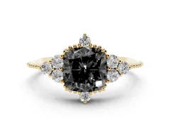 Fancy Black Cushion Cut Diamond Cluster Ring Set in Yellow gold with Beaded Band