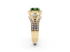 Fancy Green Asscher Cut Diamond Halo Split Shank Ring Set in Yellow gold with Round Accent Stones and Prong Setting