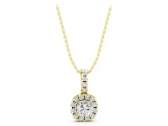 Cushion Cut Diamond Halo Pendant Set in Yellow gold with Four-Prong Center