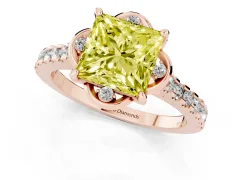 Fancy Yellow Princess Cut Diamond Solitaire Ring Set in Rose gold with Pavé Band and Floral Prong Setting