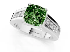 Fancy Green Cushion Cut Diamond Solitaire Ring Set in Silver with Channel-Set Accent Stones and Prong Setting