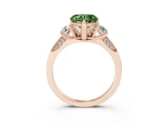 Fancy Green Heart Cut Diamond Three-Stone Ring Set in Rose gold with Pavé Band and Smaller Side Stones