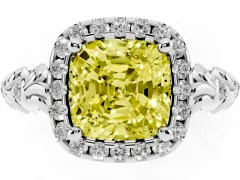 Fancy Yellow Cushion Cut Diamond Halo Ring Set in Silver with Filigree Leaf Band and Prong Setting
