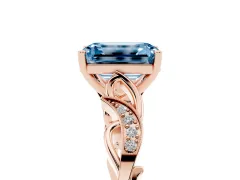 Fancy Blue Emerald Cut Diamond Vine Band Solitaire Ring Set in Rose gold with Milgrain Prong Setting