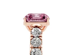 Fancy Pink Asscher Cut Diamond Solitaire Ring Set in Rose gold with Cut-Down Micro Pavé Band and Prong Setting