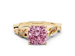 Fancy Pink Cushion Cut Diamond Vine Band Solitaire Ring Set in Yellow gold with Milgrain Prong Setting
