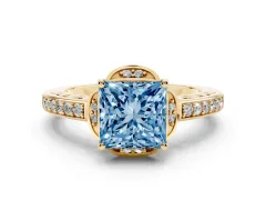 Fancy Blue Princess Cut Diamond Halo Ring Set in Yellow gold with Channel Set Band and Prong Setting
