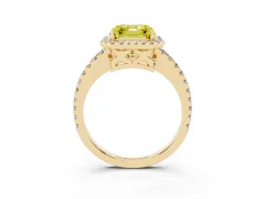 Fancy Yellow Asscher Cut Diamond Halo Ring Set in Yellow gold with Pavé Shoulders and Halo-Framed Center