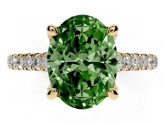 Fancy Green Oval Cut Diamond Solitaire Ring Set in Yellow gold with Brilliant Pavé Band and Prong Setting