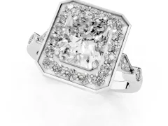 Radiant Cut Diamond Halo Engagement Ring Set in White gold with Twisted Band and Prong Setting