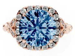 Fancy Blue Round Cut Diamond Halo Engagement Ring Set in Rose gold with Vintage-Inspired Band and Prong Setting