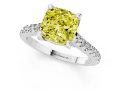 Fancy Yellow Cushion Cut Diamond Solitaire Ring Set in Silver with Brilliant Pavé Band and Prong Setting