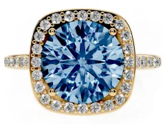 Fancy Blue Round Cut Diamond Halo Engagement Ring Set in Yellow gold with Round Pavé Shoulders and Heart Gallery