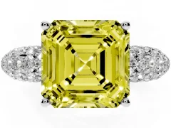 Fancy Yellow Asscher Cut Diamond Pavé Band Solitaire Ring Set in Silver with Close-Set Accent Stones and Prong Setting
