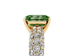 Fancy Green Emerald Cut Diamond Pavé Band Solitaire Ring Set in Yellow gold with Close-Set Accent Stones and Prong Setting