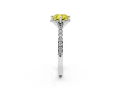 Fancy Yellow Cushion Cut Diamond Solitaire Ring Set in White gold with Pavé Band and Floral Prong Setting