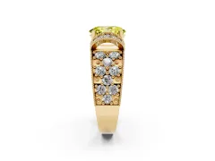 Fancy Yellow Oval Cut Diamond Milgrain Halo Pavé Engagement Ring Set in Yellow gold with Prong Setting