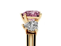 Fancy Pink Heart Cut Diamond Three-Stone Trellis Ring Set in Yellow gold with Comfort Fit Band
