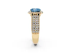 Fancy Blue Radiant Cut Diamond Halo Ring Set in Yellow gold with Pavé Band and Raised Center Setting