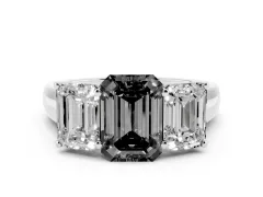 Fancy Black Emerald Cut Diamond Three-Stone Ring Set in White gold with Plain Polished Band