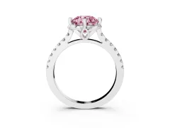 Fancy Pink Round Cut Diamond Solitaire Ring Set in White gold with Pavé Band and Floral Prong Setting