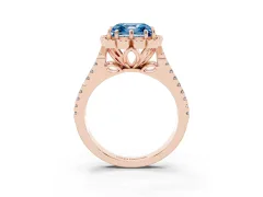Fancy Blue Asscher Cut Diamond Floral Halo Split Shank Engagement Ring Set in Rose gold with Pavé Shank