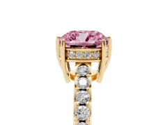 Fancy Pink Cushion Cut Diamond Solitaire Engagement Ring Set in Yellow gold with Pavé Band and Prong Setting