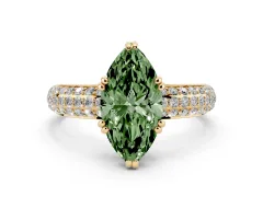 Fancy Green Marquise Cut Diamond Solitaire Ring Set in Yellow gold with Multi-Row Round Pavé Band and Prong Setting