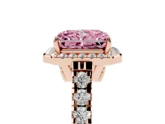 Fancy Pink Radiant Cut Diamond Halo Engagement Ring Set in Rose gold with Pavé Band and Prong-Set Center