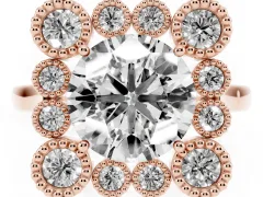 Round Cut Diamond Cluster Halo Ring Set in Rose gold with Milgrain Bezel Accents and Plain Band
