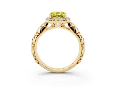Fancy Yellow Cushion Cut Diamond Halo Ring Set in Yellow gold with Filigree Leaf Band and Prong Setting