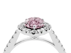 Fancy Pink Marquise Cut Diamond Pavé Halo Engagement Ring Set in White gold with Pavé Band and Prong Setting