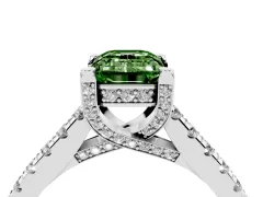 Fancy Green Emerald Cut Diamond Solitaire Ring Set in White gold with Brilliant Pavé Band and Prong Setting