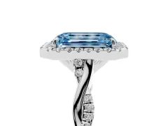 Fancy Blue Emerald Cut Diamond Halo Twist Band Solitaire Ring Set in Silver with Prong Setting