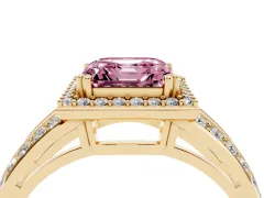 Fancy Pink Asscher Cut Diamond Halo Ring Set in Yellow gold with Double Pavé Split Shank
