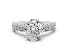 Oval Cut Diamond Solitaire Ring Set in Silver with Milgrain-Edged Pavé Band and Prong Setting