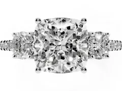 Cushion Cut Diamond Three-Stone Ring Set in Silver with Pavé Band and Graduated Sides