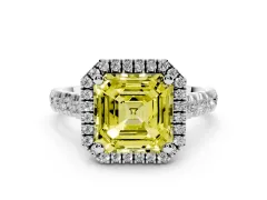 Fancy Yellow Asscher Cut Diamond Halo Engagement Ring Set in Platinum with Pavé Band and Prong-Set Center