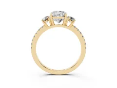 Cushion Cut Diamond Three-Stone Ring Set in Yellow gold with Pavé Band and Graduated Sides