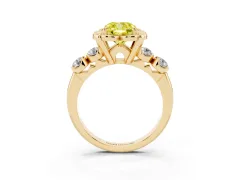 Fancy Yellow Cushion Cut Diamond Floral Halo Ring Set in Yellow gold with Shared Prong Band