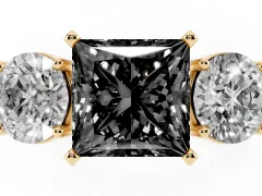 Fancy Black Princess Cut Diamond Three-Stone Ring Set in Yellow gold with Round Side Stones and Classic Band
